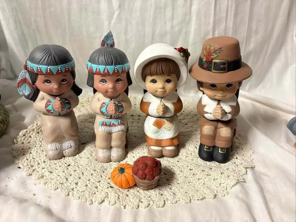 Vintage Thanksgiving Ceramic Figurine Set Pilgrim and Native American Children
